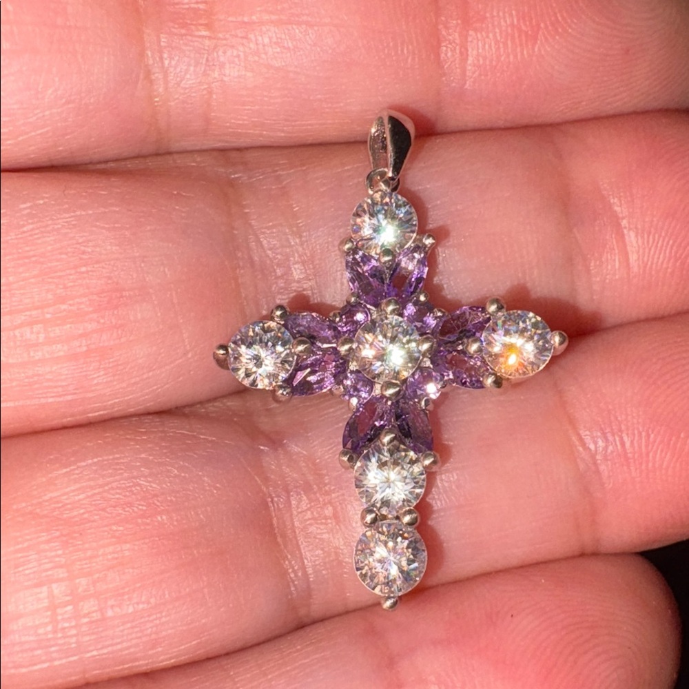 Amethyst and White Zircon 925 Silver Cross Pendant